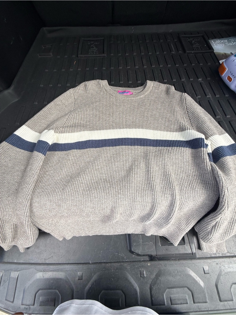 Edikted Gray Crewneck Sweater with Navy and White Stripes